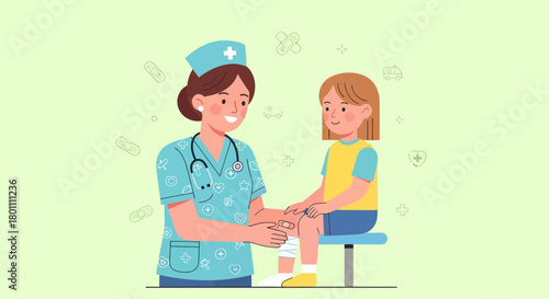 A Nurse Applying a Bandage To The Leg of a Young Patient, Medical Assistance