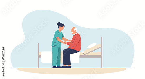 A Nurse Assists an Elderly Gentleman Patient in a Hospital Bed for Healthcare Support
