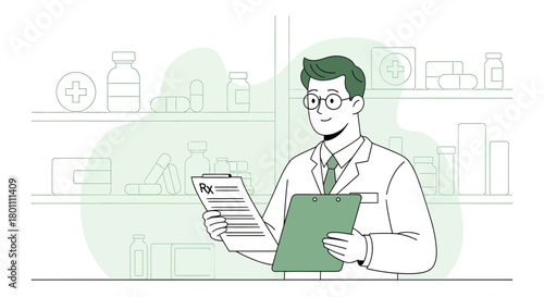 A Pharmacist Analyzes Prescription at the Pharmacy, Offering Medicine and Healthcare Services