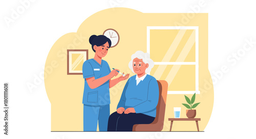 Caring Nurse Administering Medication to Senior Patient in Home Environment