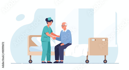 Caring Nurse Helping Senior Patient During a Medical Consultation in a Hospital Room Setting