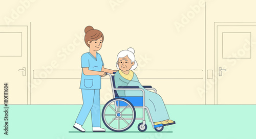 Caring Nurse Assists Senior Woman in Wheelchair within Hospital Corridor Scene