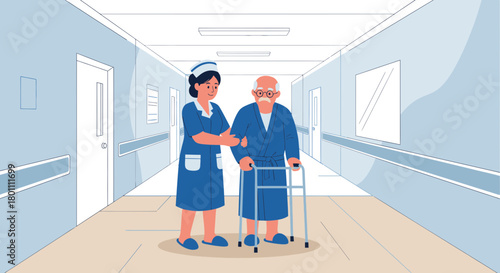 Caring Nurse Helping Senior Patient Using a Walker in Hospital Corridor