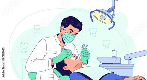 Dentist Performing Dental Care And Treatment On Patient In A Medical Office