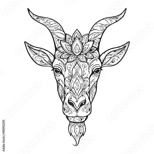 A conceptual illustration of a goat head adorned with intricate ethnic patterns and a lotus flower. This spiritual animal design is isolated, ideal for tattoos, prints, or adult coloring books