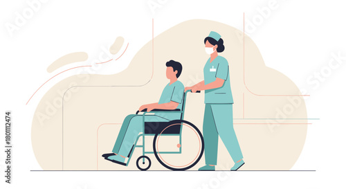 Hospital Assistance: A Nurse Propels a Patient in a Wheelchair Towards Recovery