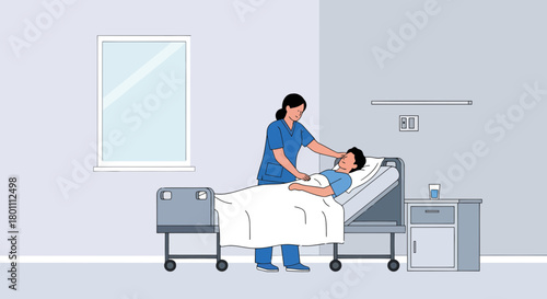 Hospital Care: Nurse Checking Patient's Condition In Modern Clinic Environment Scene