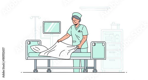 Hospital Nurse Preparing a Patient's Bed for Recovery and Specialized Medical Care