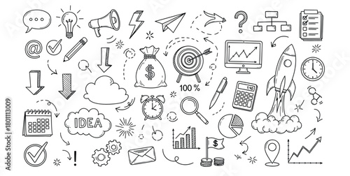 Hand drawn business startup concept with rocket money bag target and calendar icons