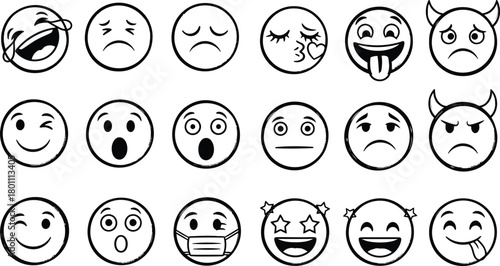 Collection of simple white cartoon faces with different expressions on black background