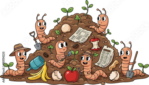Cartoon Earthworms in Compost Pile with Gardening Tools