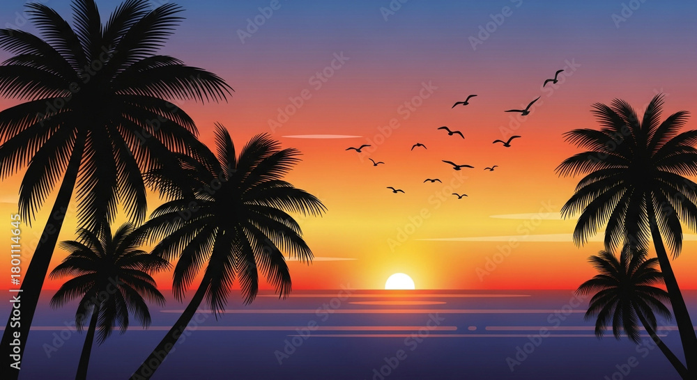 Obraz premium Tropical Sunset Over the Ocean with Palm Trees and Birds.