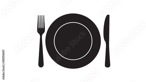 Minimalist plate setting icon simple flat vector illustration of a plate fork and knife isolated on white background for restaurant or food app design
