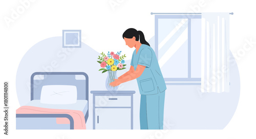 Hospital Room Scene Shows Attentive Healthcare Worker Arranging Flowers to Comfort Patient