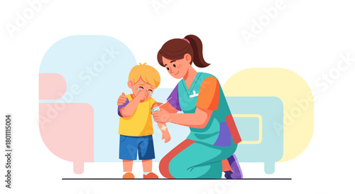 Illustration Of A Doctor Giving A Vaccine Injection To A Crying Child