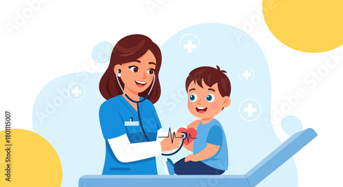 Illustration Of A Happy Child And Doctor Checking Heartbeat In An Examination Room
