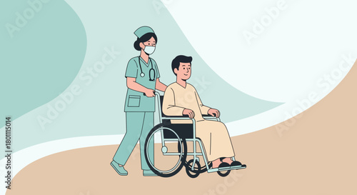 Illustration Of A Nurse Assisting A Patient In A Wheelchair For Medical Support