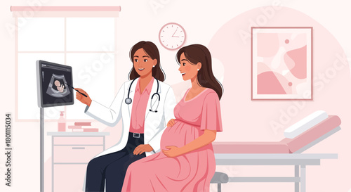 Illustration Of Doctor Explaining Ultrasound To Expecting Mother In Modern Clinic Setting