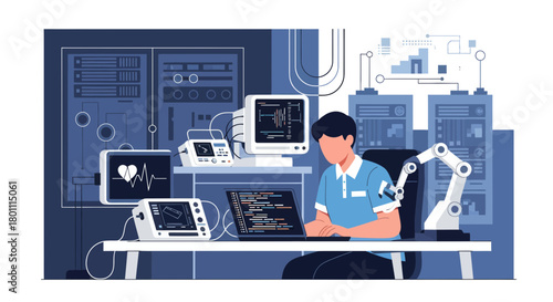 Illustration Of Medical Professional Working With Robotic Arm And Diagnostic Equipment