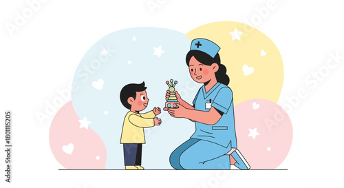 Kind Nurse Giving a Gift to a Child in a Whimsical and Colorful Illustration