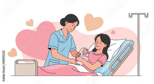 Joyful Mother Embracing Newborn With Healthcare Professional's Assistance And Care