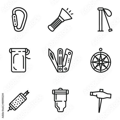 Collection of nine outdoor adventure and survival equipment icons Keywords: outdoor, adventure