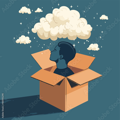 Think outside the box, thought bubble, creative thinking, head in a cardboard box  , vector style simple color