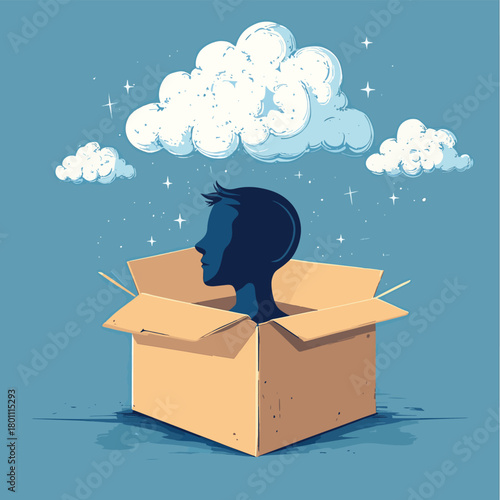 Think outside the box, thought bubble, creative thinking, head in a cardboard box  , vector style simple color