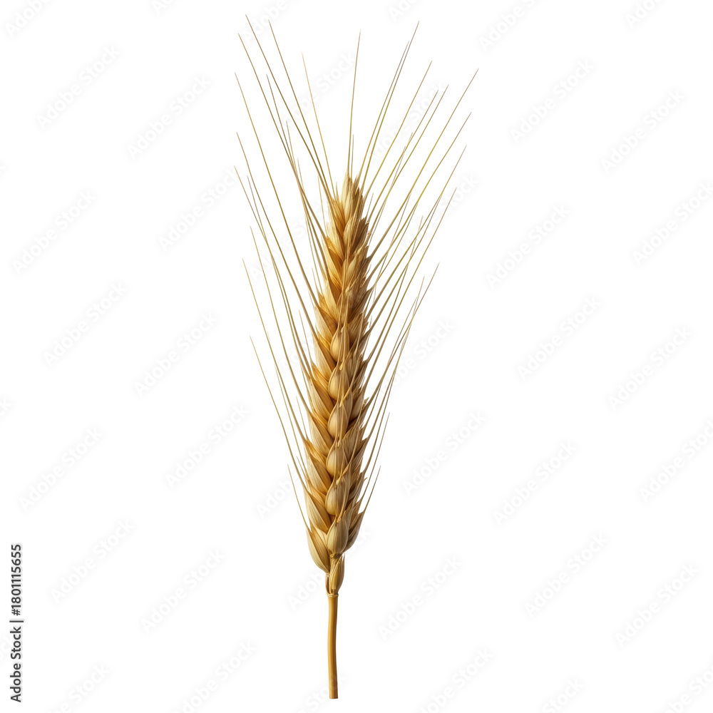 Fototapeta premium Single golden wheat ear with long awns, representing agriculture and harvest season