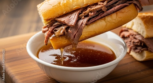 Deliciously Juicy Roast Beef Sandwich Dipped in Savory Au Jus on a Rustic Wooden Board