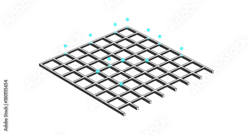 Isometric grid network with blue particles technology design concept