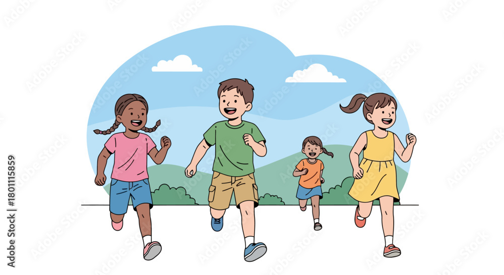 Fototapeta premium Energetic Children Running Outdoors in a Vibrant Illustration for Educational Materials and Promoting Active Lifestyles for Youth and Childhood Development
