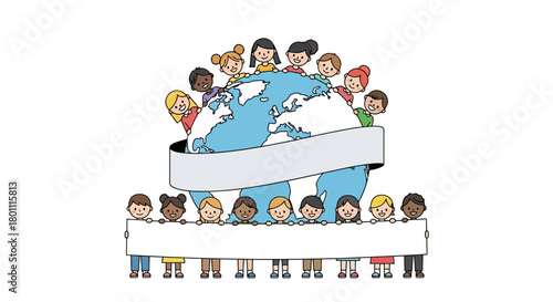Diverse children surrounding the earth, holding a blank banner, promoting global unity, education, and cultural exchange initiatives. Suitable for educational materials and campaigns.