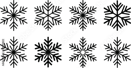 Collection of eight intricate black snowflakes on a white background
