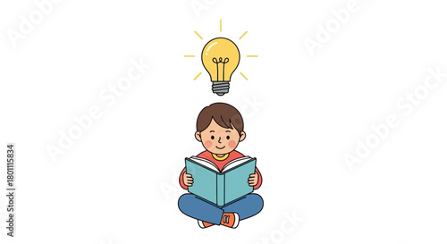 Creative learning concept showcasing a child reading a book with a bright lightbulb above, representing innovation, education, and the spark of new ideas.