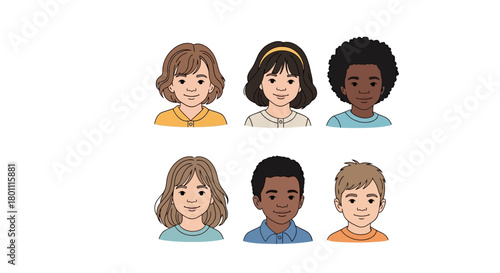 Diverse group of children illustration featuring various ethnicities and hairstyles, perfect for educational materials and promoting inclusivity.