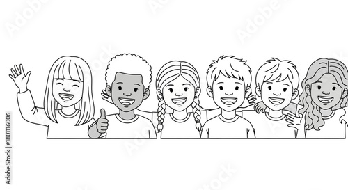 Diverse group of smiling children, vector illustration for inclusive education, friendship, and multicultural awareness resources, promoting unity and acceptance
