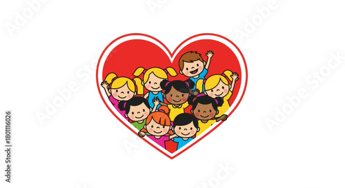 Diverse group of children inside a heart shape, celebrating unity and love, ideal for educational and children's content, promoting inclusivity and positive values.