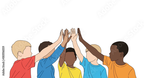 Diverse group of children giving a high five, promoting teamwork, unity, and positive interactions for educational materials and inclusive campaigns.