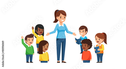 Cheerful Teacher Guiding Diverse Students in an Engaging Classroom Setting Perfect for Educational Material and Childhood Development Resources