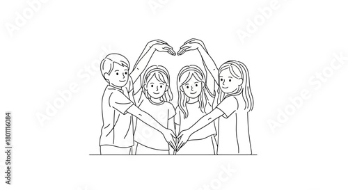 Diverse group of children forming heart shape with hands, fostering unity, friendship, and teamwork. Ideal for educational materials, community projects, or social awareness campaigns.