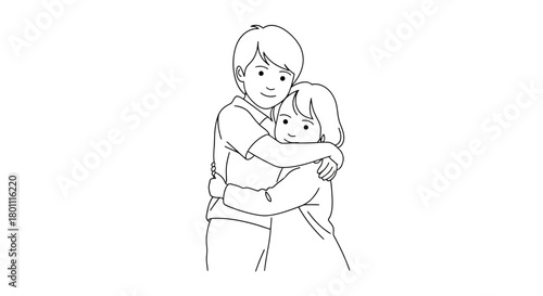 Minimalist line art depicting a brother and sister hugging each other affectionately, perfect for illustrating family relationships, love, and sibling bonds in various creative projects.
