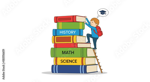 Illustrated student climbing a stack of books towards graduation, symbolizing academic achievement and educational goals for learning platforms