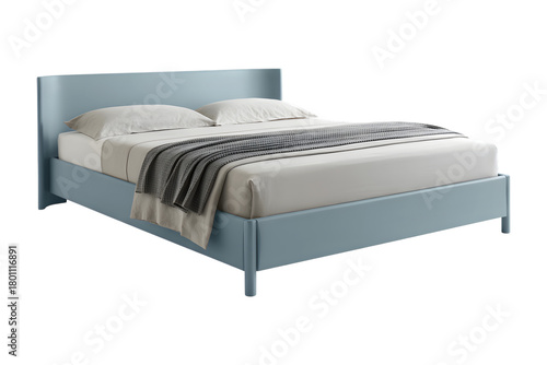 Light blue modern bed with duvet and blanket isolated on transparent background