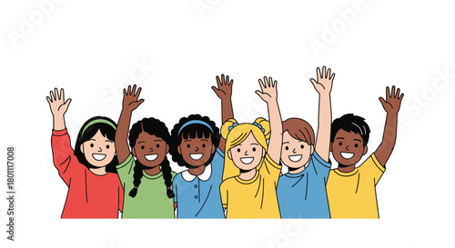 Diverse Group of Children Waving Together in Unity, Illustrating Global Childhood and Promoting Educational Resources and Community Involvement Initiatives.