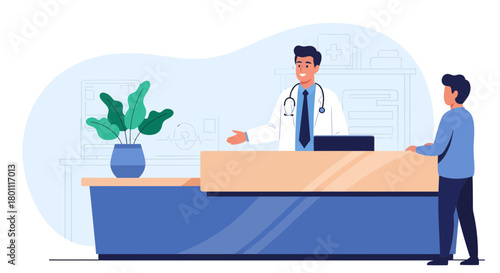 Medical Consultation Illustration Depicting Doctor At Reception Welcoming Patient For Discussion