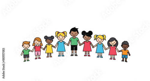 Diverse Group of Children Holding Hands in Unity, Featuring Cartoon Style Illustration for Educational Materials and Inclusive Community Projects.