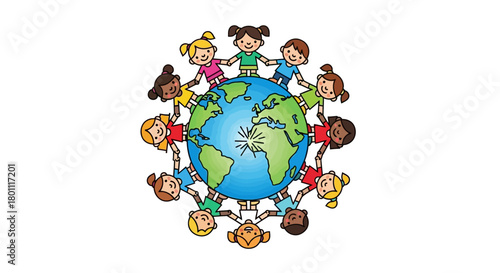 Diverse Children Holding Hands Around the World Globe Symbolizing Global Unity and Harmony, Ideal for Promoting Educational Materials and Cultural Awareness