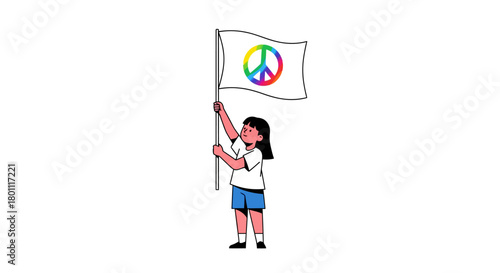 Vector illustration of a young girl peacefully holding a peace flag, representing themes of peace, unity, and social activism, suitable for educational materials and advocacy campaigns.