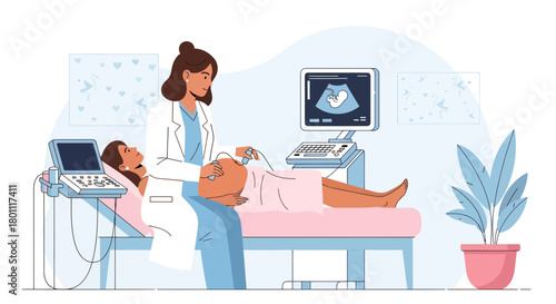 Medical Examination, Pregnant Woman Undergoing Ultrasound Scan with Doctor's Assistance
